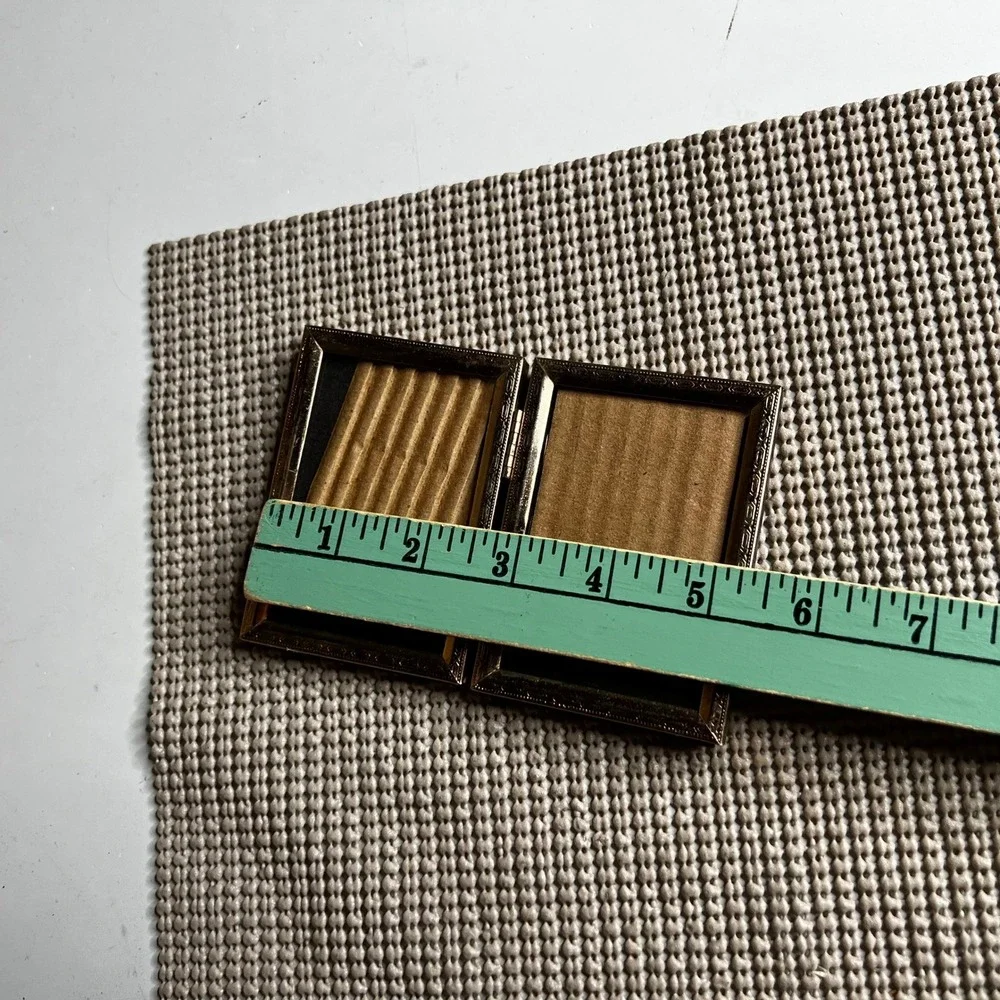 Vintage Gold Etched Metal Folding Double Picture Frame Miniature Travel Size